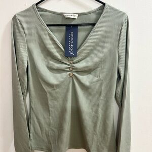 Anna Kaci Ribbed‎ Henley V Neck Long Sleeve Top Sage Green Size Medium